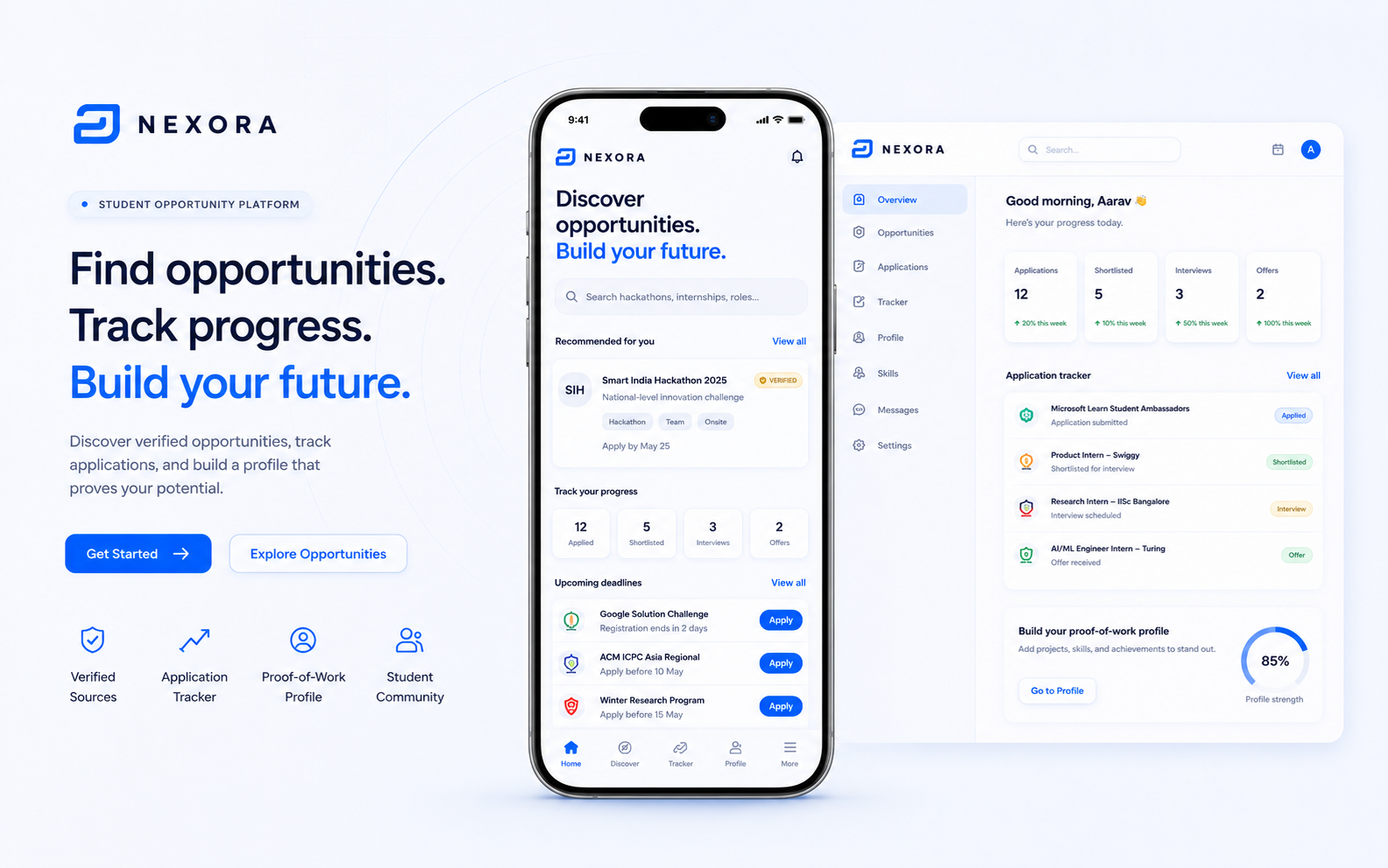 Nexora platform visual showing mobile and desktop dashboards for opportunities, applications, and proof-of-work profiles